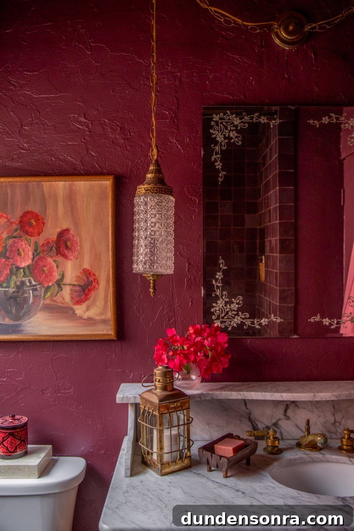 Rich, Moody Purple Bathroom Design Ideas 15 hanging crystal light in purple bathroom