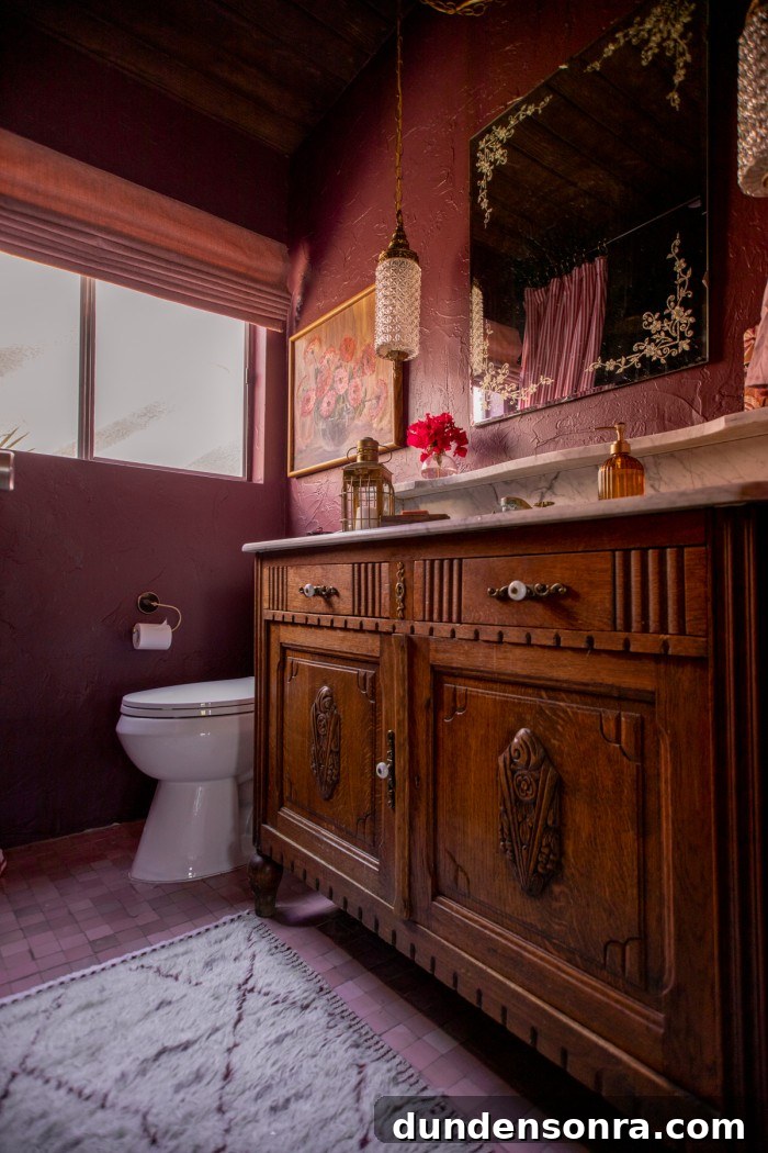 Rich, Moody Purple Bathroom Design Ideas 5 wood vanity with rug in front in purple bathroom