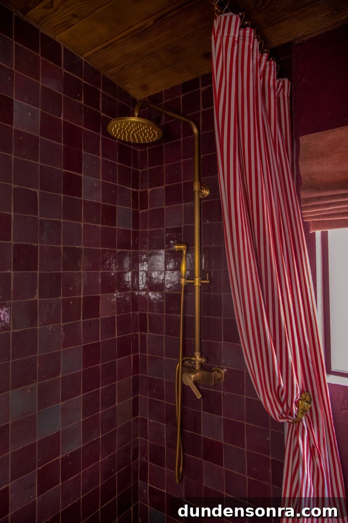 Rich, Moody Purple Bathroom Design Ideas 7 purple tile shower with red stripe shower curtain