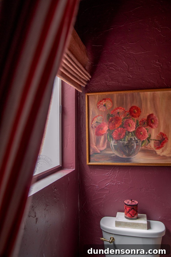 Rich, Moody Purple Bathroom Design Ideas 10 floral painting on purple wall with red stripe curtain in front