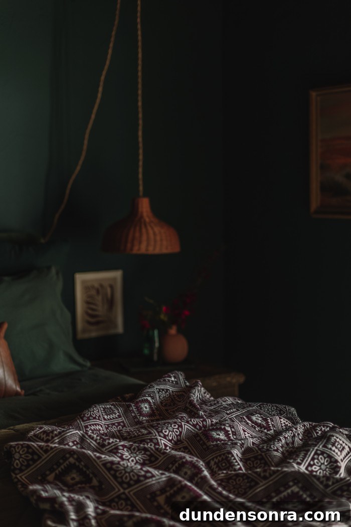 Monochromatic Dark Green Bedroom Ideas and Decor Tips 11 hanging pendant light next to bed