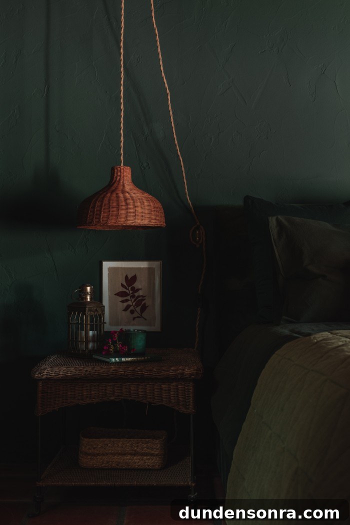 Monochromatic Dark Green Bedroom Ideas and Decor Tips 17 dark green bedroom with hanging rattan pendant sconces