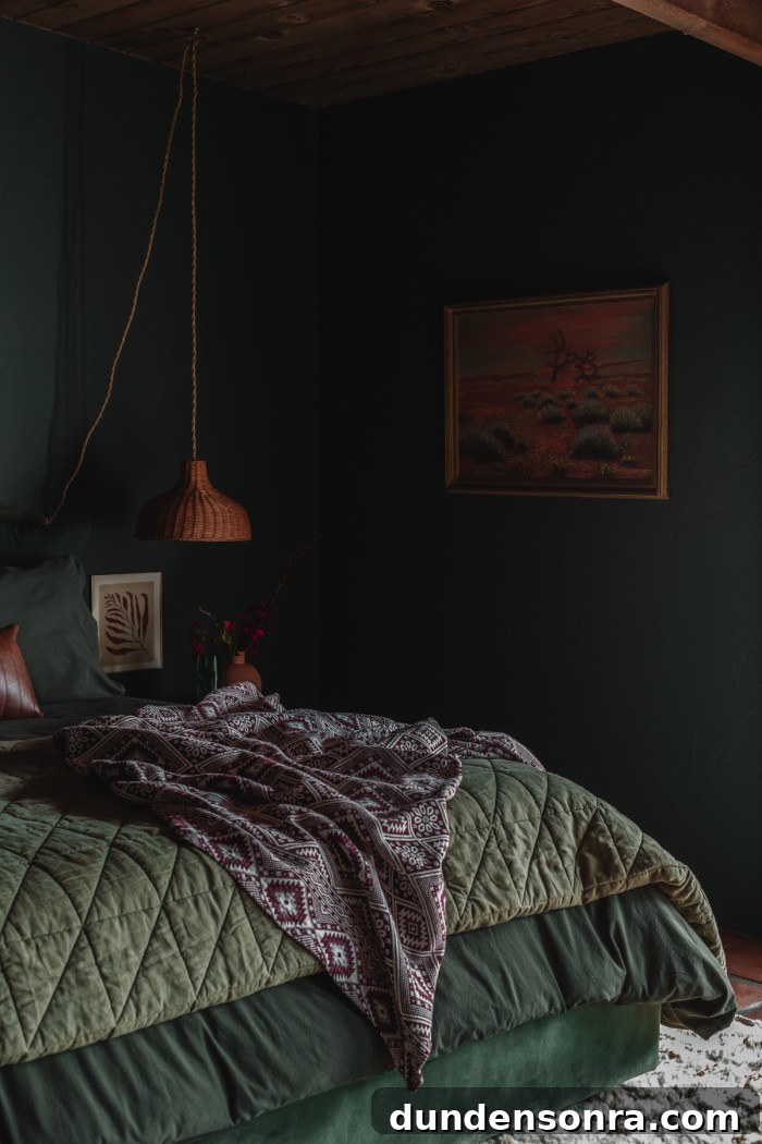 Monochromatic Dark Green Bedroom Ideas and Decor Tips 20 blanket draped on green bed in green room