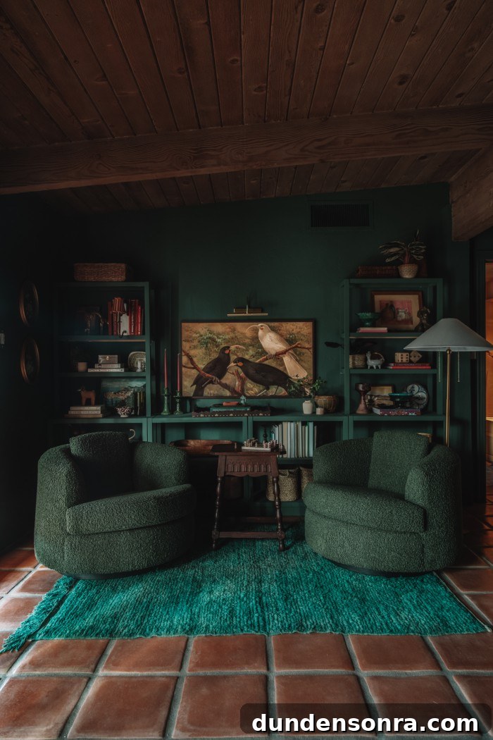 Monochromatic Dark Green Bedroom Ideas and Decor Tips 5 dark green chairs in monochromatic green bedroom with shelves