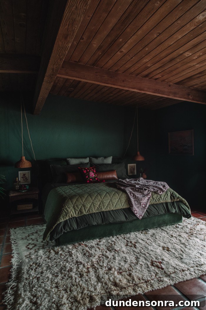 Monochromatic Dark Green Bedroom Ideas and Decor Tips 7 dark green bed in dark green room with wood ceilings