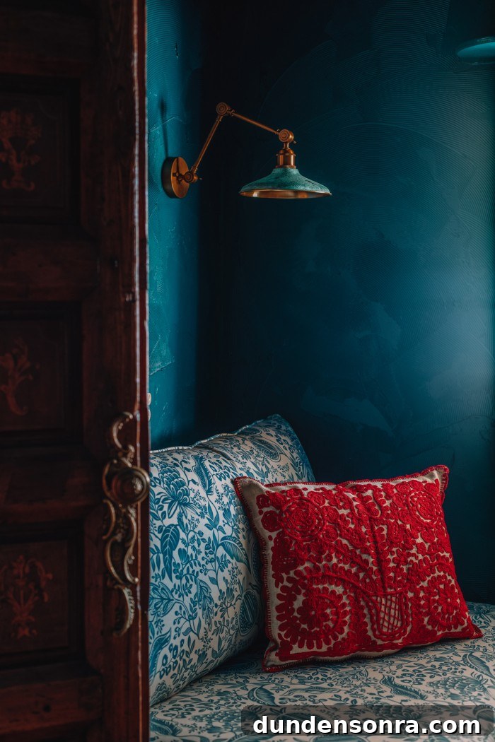 Textured Teal Bunk Room Ideas for Stylish Small Spaces 19 red pillow on floral chair
