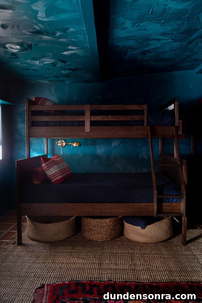 Textured Teal Bunk Room Ideas for Stylish Small Spaces 9 wood bunk bed with baskets underneath