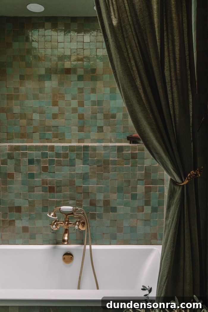 sage green tile with shower curtain