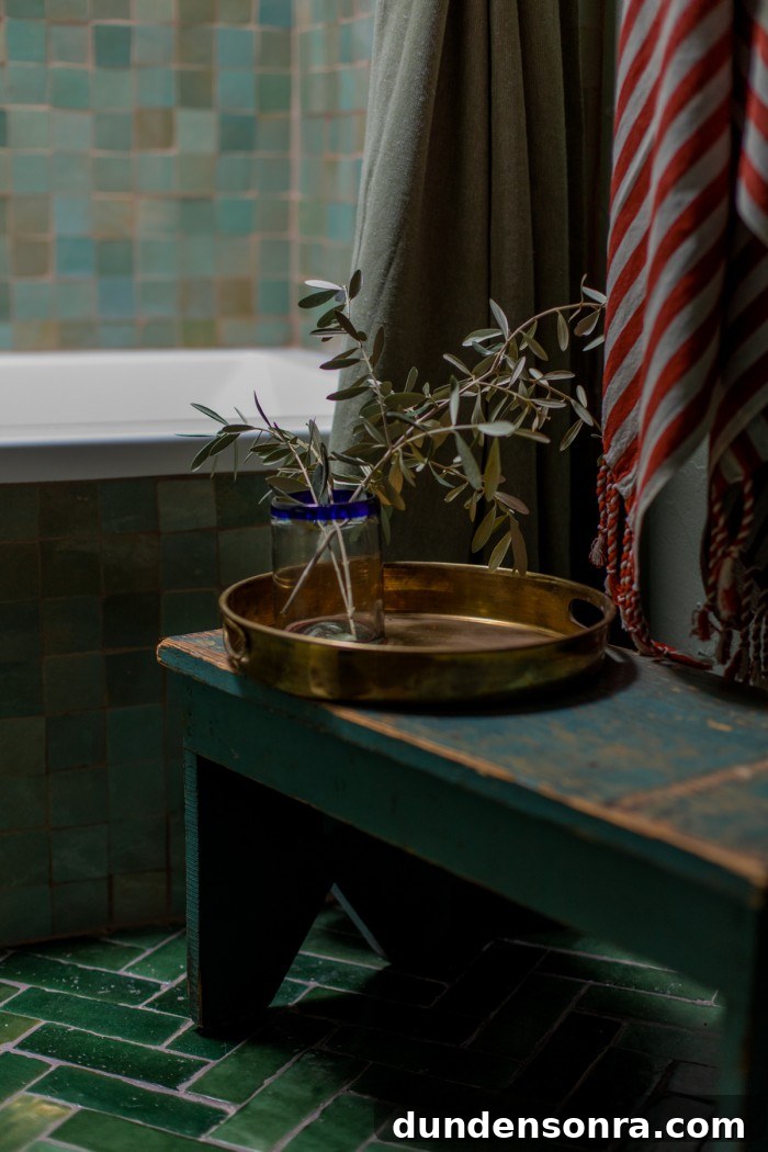 stool with brass tray and olive branches on it