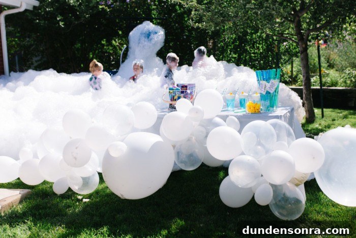 Bubble party with bubbles and balloons outside.