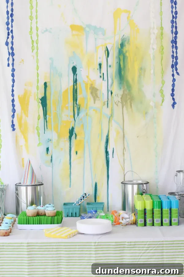 Paint splatter birthday party backdrop and dessert table. 
