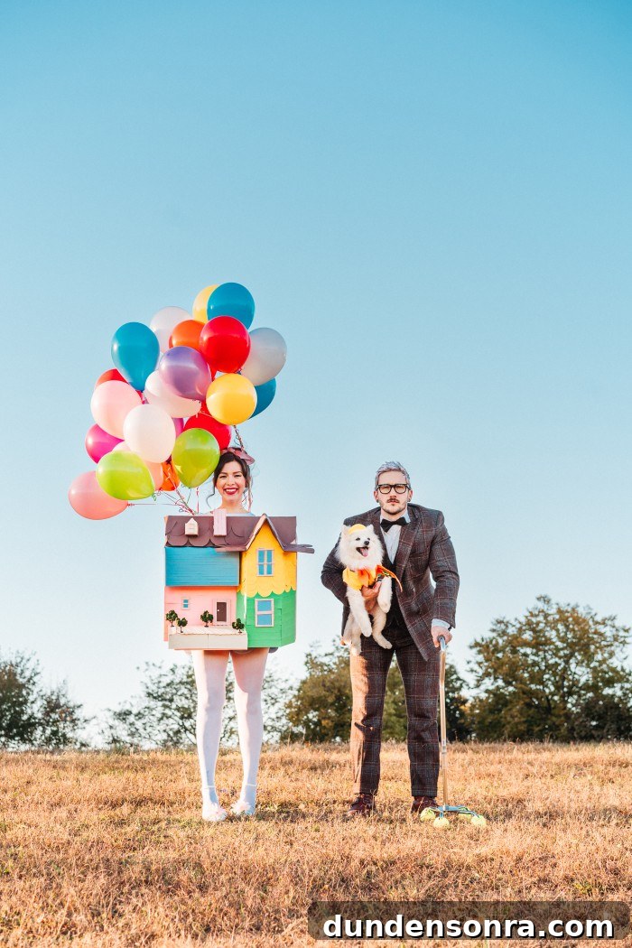 family with dog in Up themed costumes