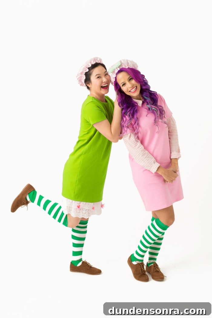 Green and purple strawberry shortcake costume.