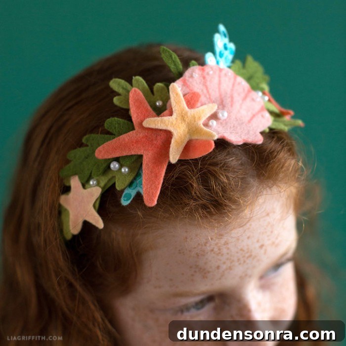 Mermaid Crafts for Kids: 25 Fun Underwater DIY Ideas 13 Close up mermaid felt headband.