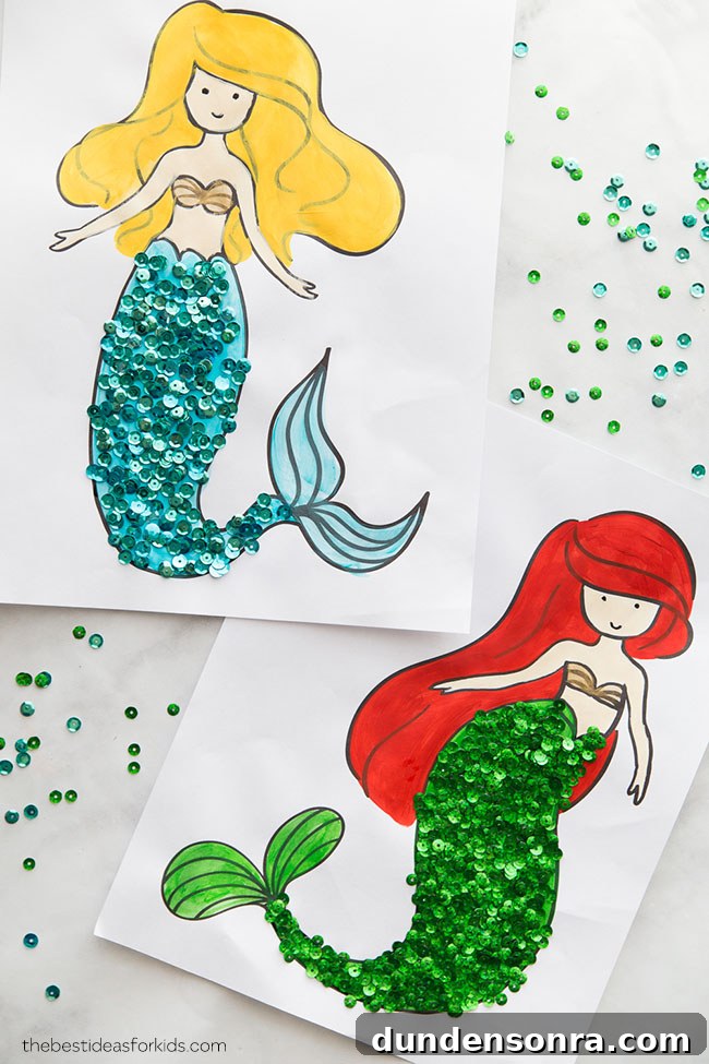 Mermaid Crafts for Kids: 25 Fun Underwater DIY Ideas 6 Coloring pages with sequins