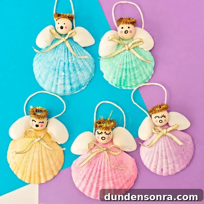 Handmade Christmas Ornaments Kids Can Make at Home 8 Seashell angel ornaments on a multicolor background.