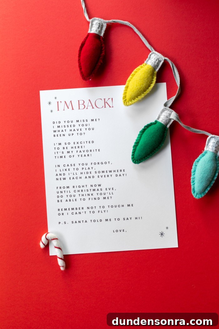Elf on the Shelf Arrival letter on red background with felt christmas lights