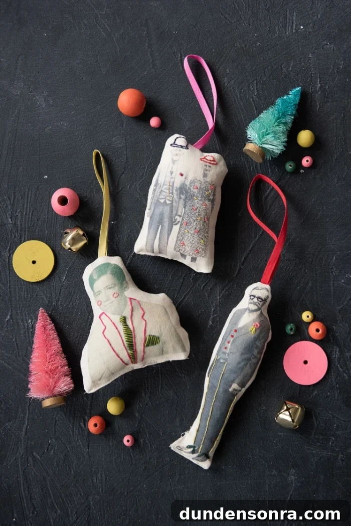Handmade Gift Ideas Grandparents Will Cherish 3 Plush photo ornaments on a black background with craft supplies around them.