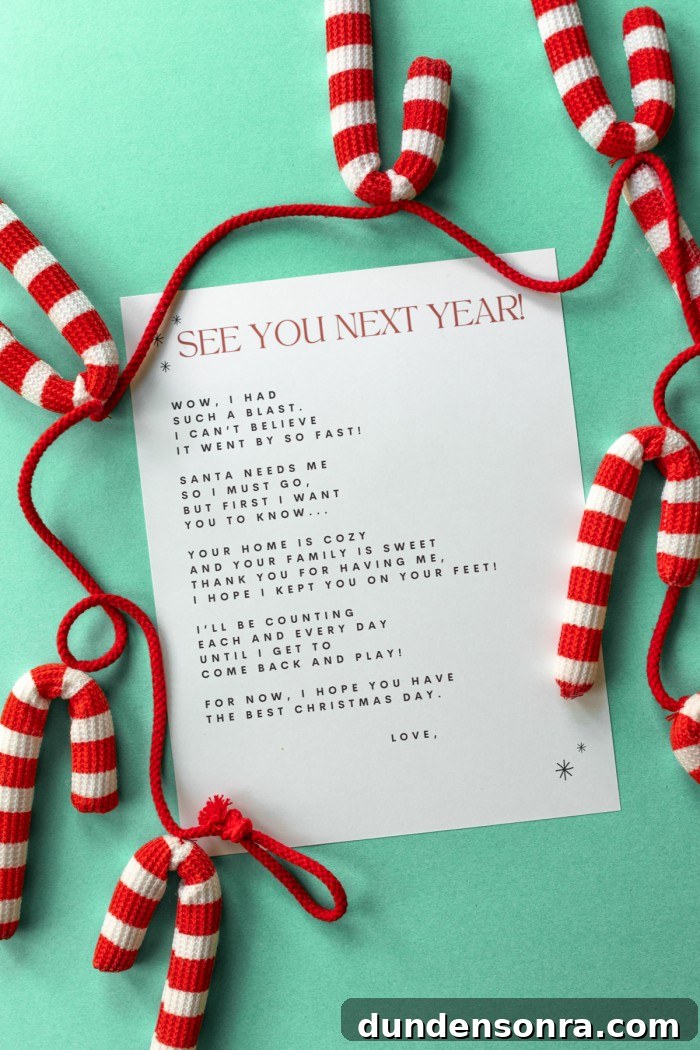 Printable Goodbye Letter from Your Elf on the Shelf 2 elf goodbye letter on green background with crocheted candy canes around it