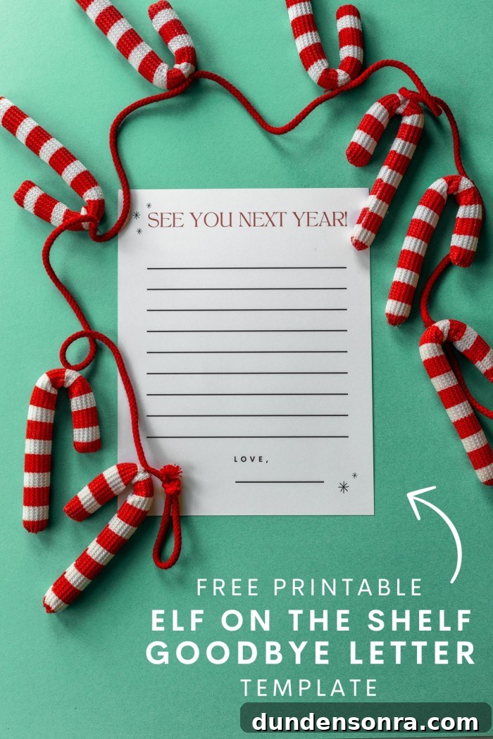 Printable Goodbye Letter from Your Elf on the Shelf 4 elf goodbye letter template on green background with crocheted candy canes