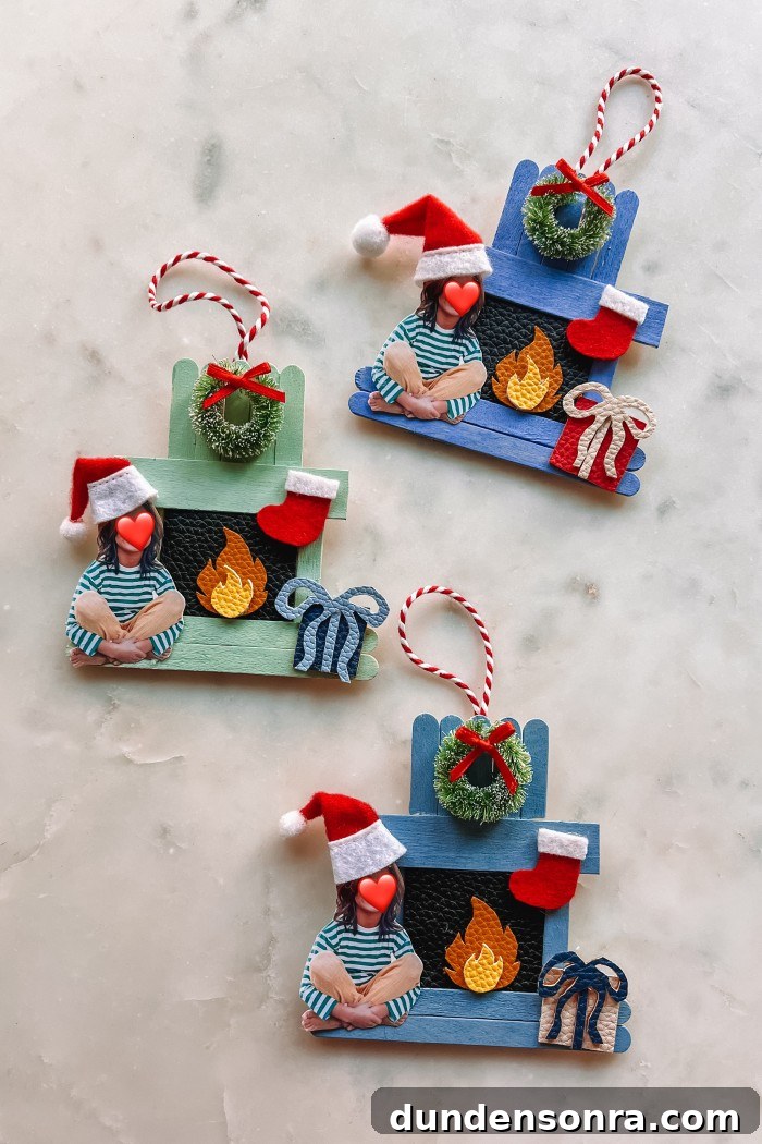 three popsicle stick fireplace ornaments