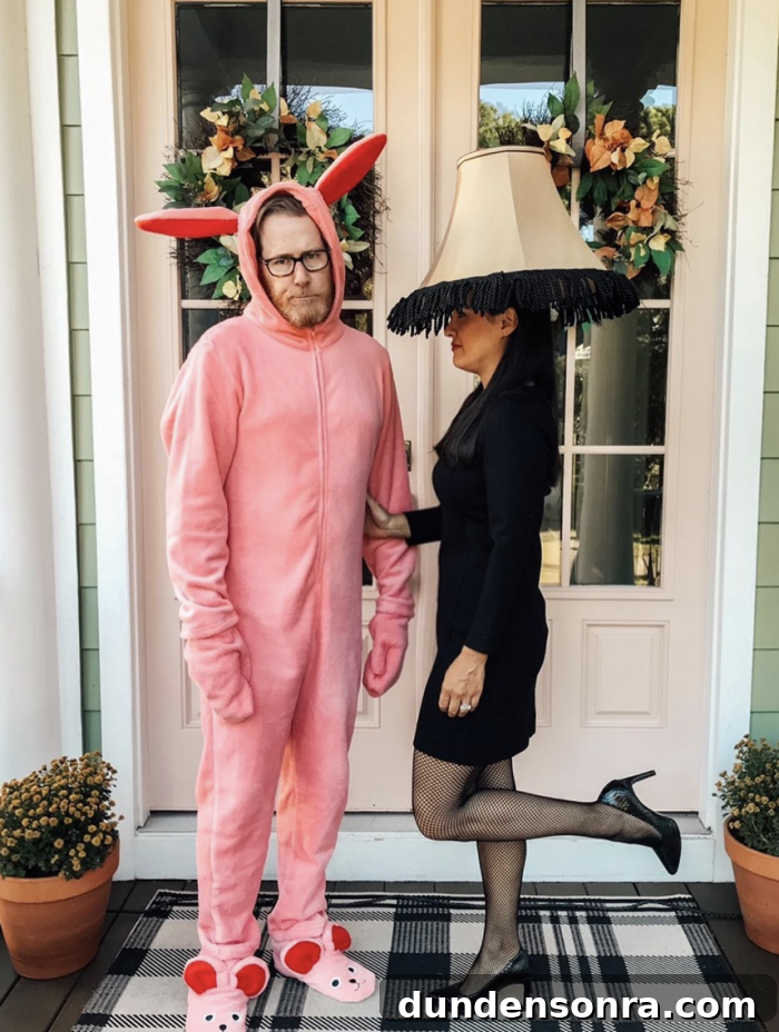 A Christmas Story Costumes Man dressed as a bunny and woman dressed as a lamp, both standing in front of a door.