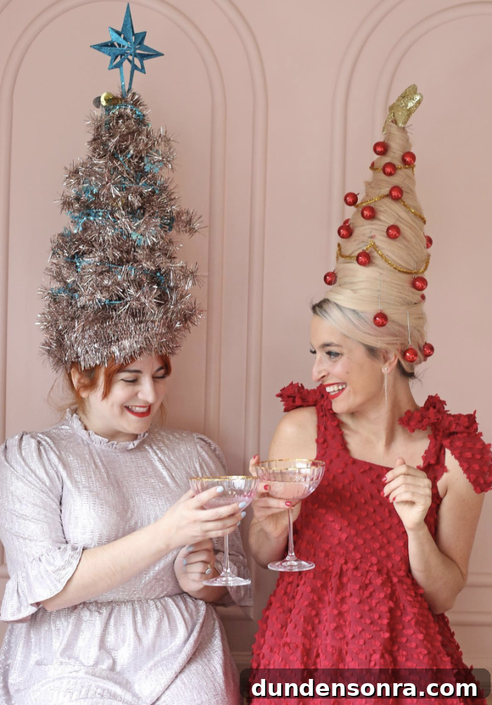Christmas Tree Wigs Costume Two woman holding drinks with large tree-shaped wigs on their heads.