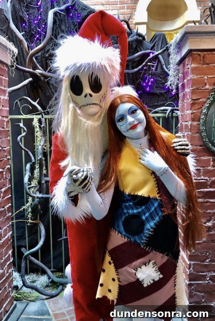 Jack and Sally Christmas Costumes Two people dressed up in Jack and Sally costumes.