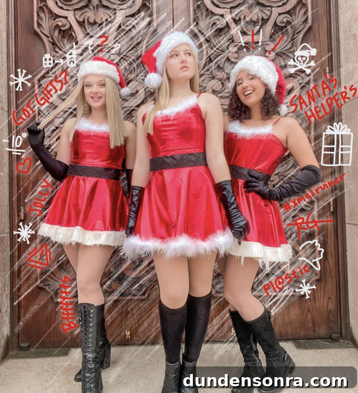 Mean Girls Christmas Costume Three girls dressed as Santa's helpers from the Mean Girls movie.