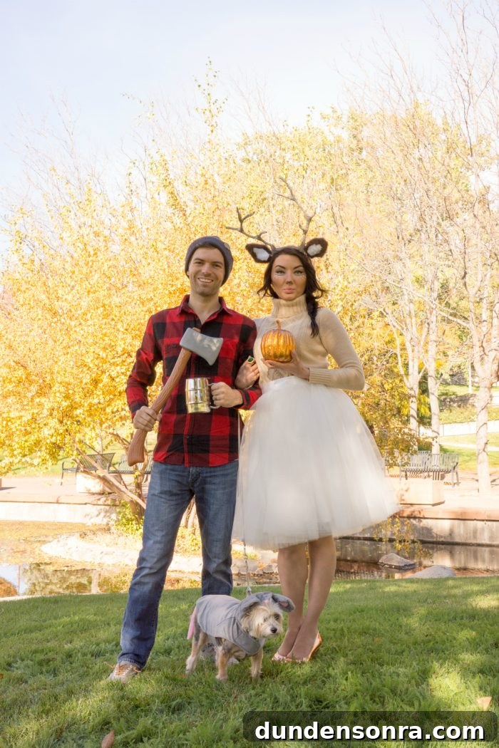 Christmas Costume Ideas A man, woman and dog dressed up as a lumberjack, deer, and mouse and standing outside.