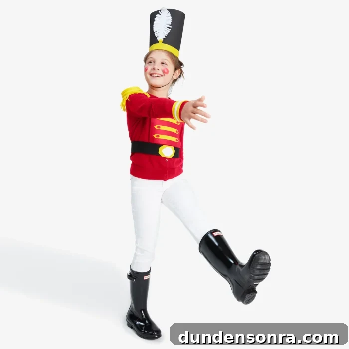 Nutcracker Costume Person standing with one leg up in a walking motion wearing a nutcracker costume.
