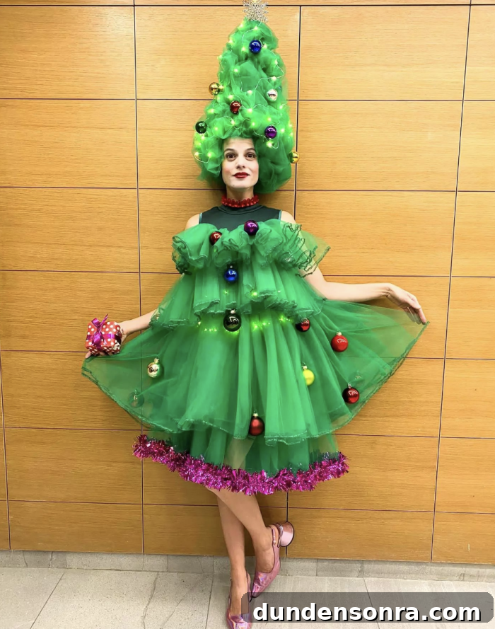 Christmas Tree Costume Woman standing in front of a wall wearing a Christmas tree costume made of tulle.