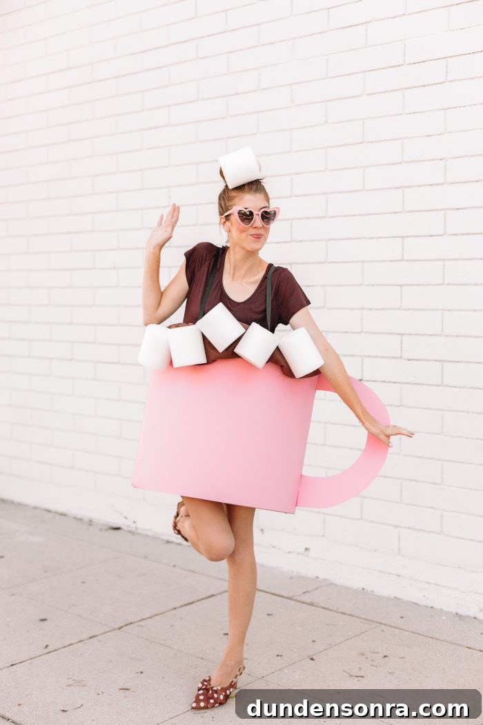Hot Chocolate Christmas Costume A woman standing in front of a building dressed as hot chocolate