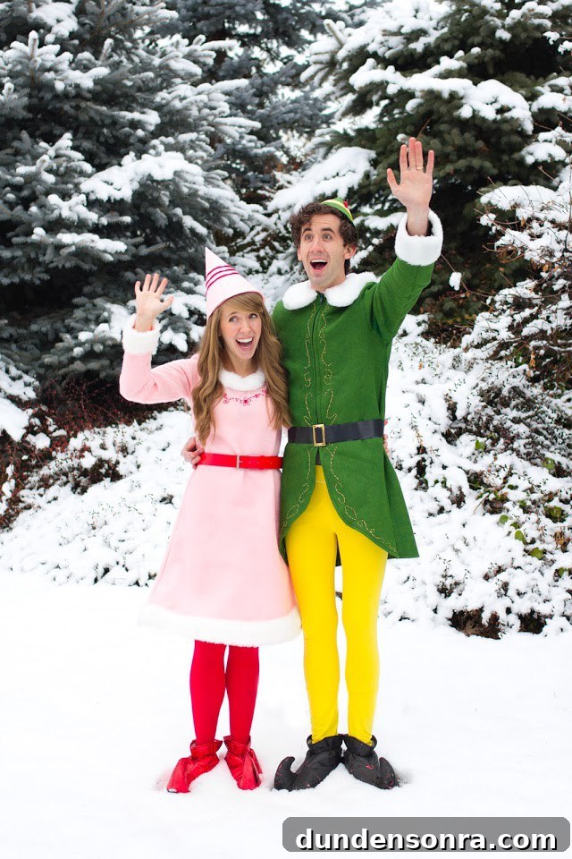 Elf Christmas Costume Man and woman dressed as elves and waving while standing outside in the snow.
