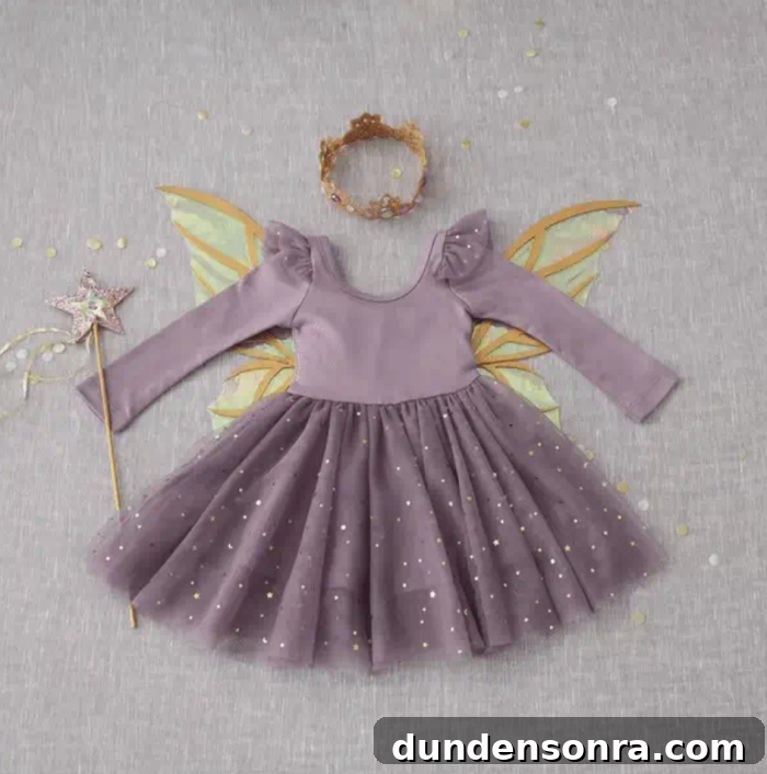 Sugar Plum Fairy Christmas Costume Purple children's dress with wings, a wand and a crown.
