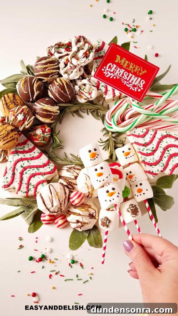Candy Wreath Board Cookies and candies placed in the shape of a wreath.