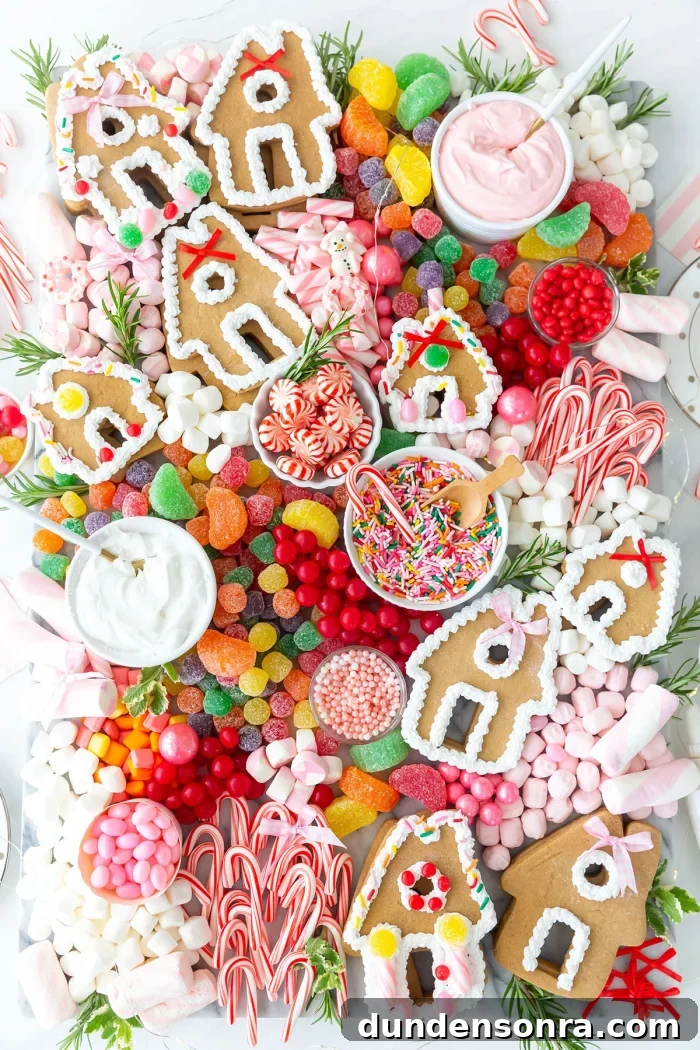 Gingerbread House Toppings Board Gingerbread house toppings on a board.