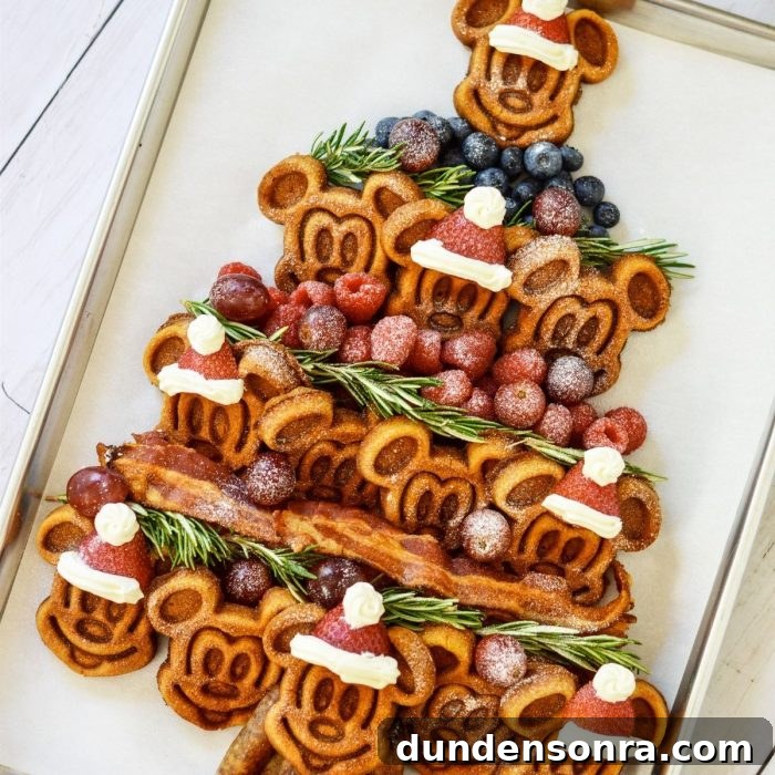 Breakfast Charcuterie Board Mickey waffles layered with bacon and fruits in the shape of a tree.