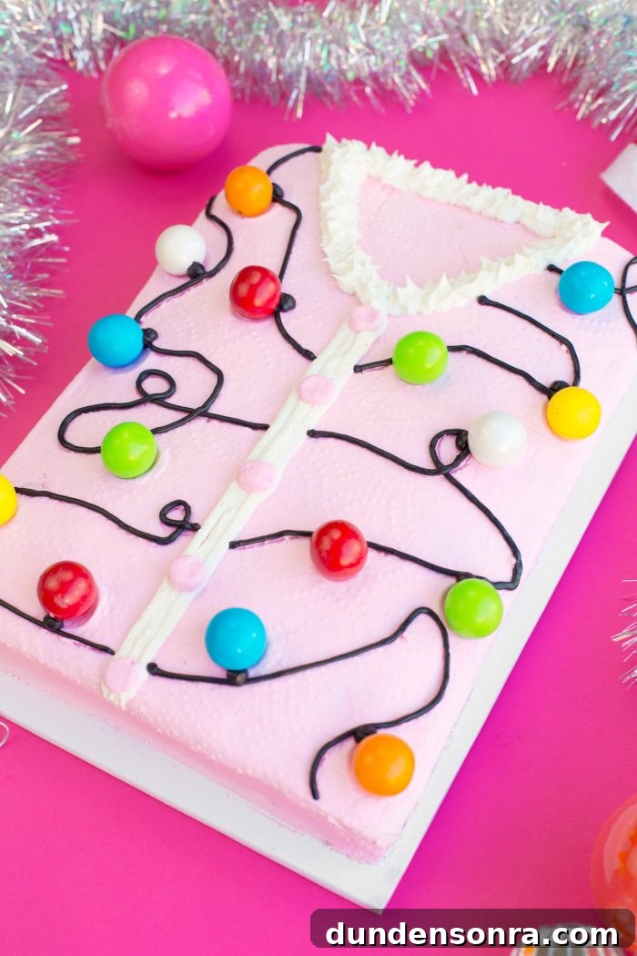 Cake decorated like a pink ugly Christmas sweater. 
