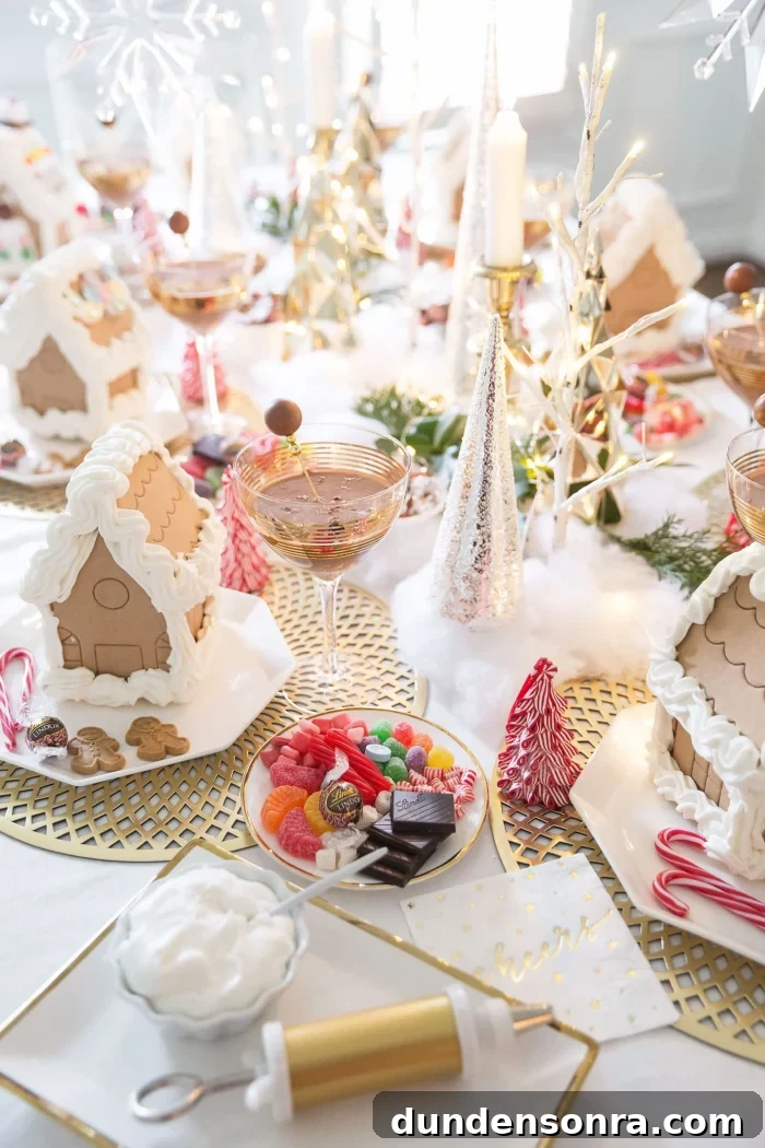 Table with assembled ginger bread houses and cocktail glasses with candy on plates. 