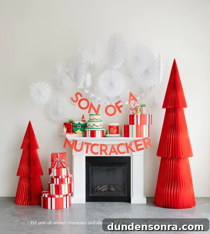 Elf quote decorated on the mantle with red paper trees next to the mantle as well. 