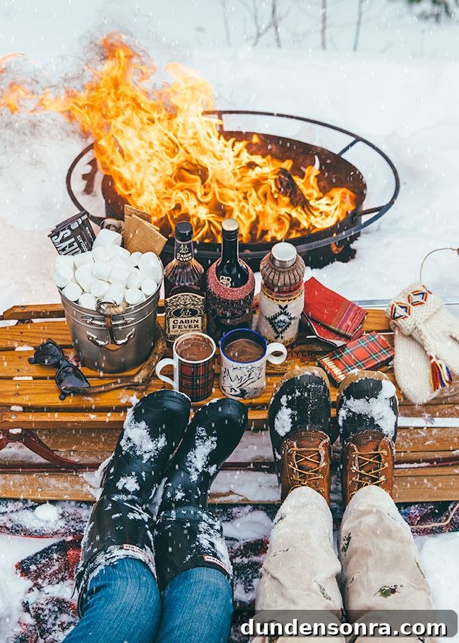Two pairs of feet close to a bonfire with a bench that has marshmallows and hot chocolate on it. 