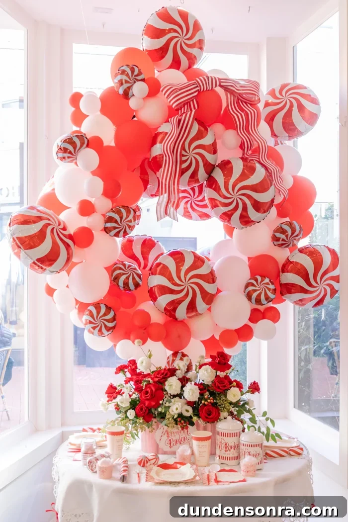 Peppermint Party Peppermint balloons with red and white balloons in a balloon arch.