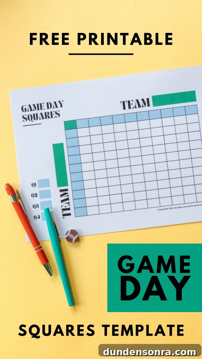Graphic with text "Free Printable Football Squares" with picture of printable game day squares. 