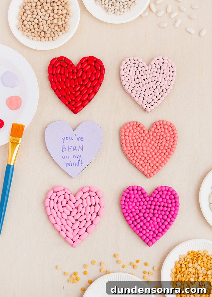 Heart shaped valentines made out of beans.