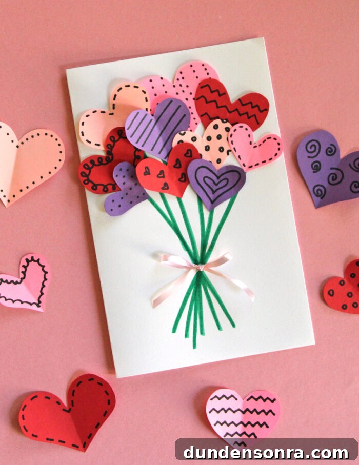 Homemade card with a bouquet of heart-shaped flowers on the front.
