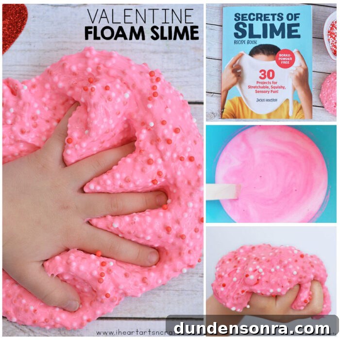 Hand pushing into a pink floam slime in side by side pictures.