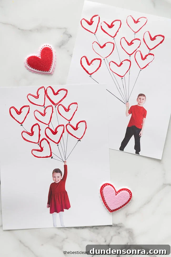 Two pieces of paper each with a photo of a child holding heart-shaped balloons.
