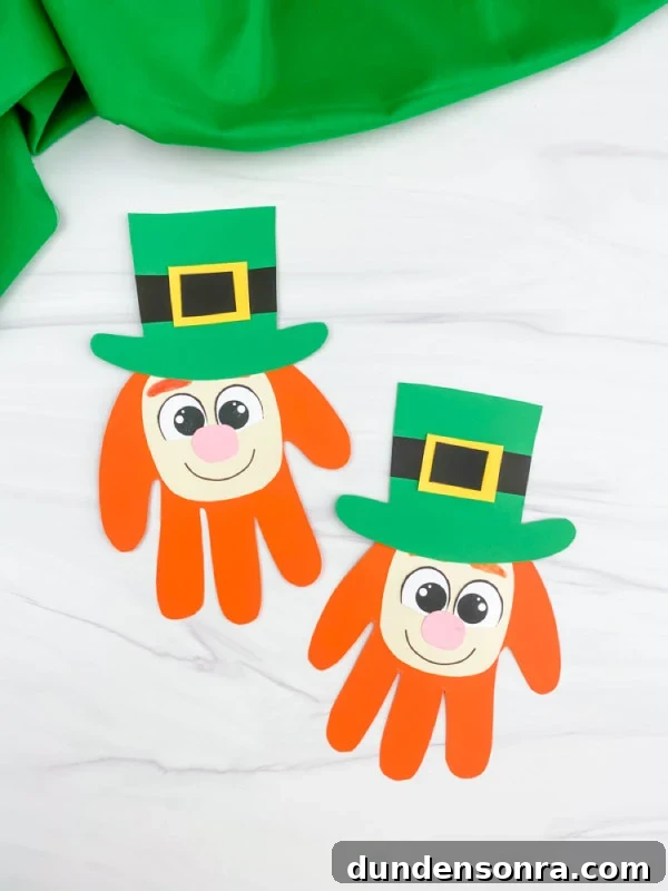 Handprint Leprechauns Two leprechaun crafts made from handprints.