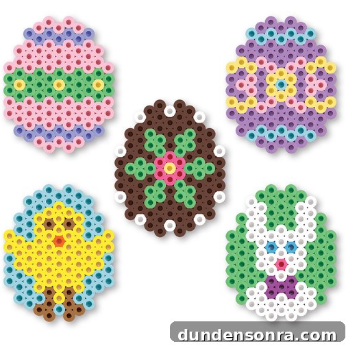 Perler beads in the shape and design of Easter eggs. 